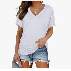 WIHOLL Short Sleeve V Neck Dolman Top with Side Shirring Loose Fit - Large